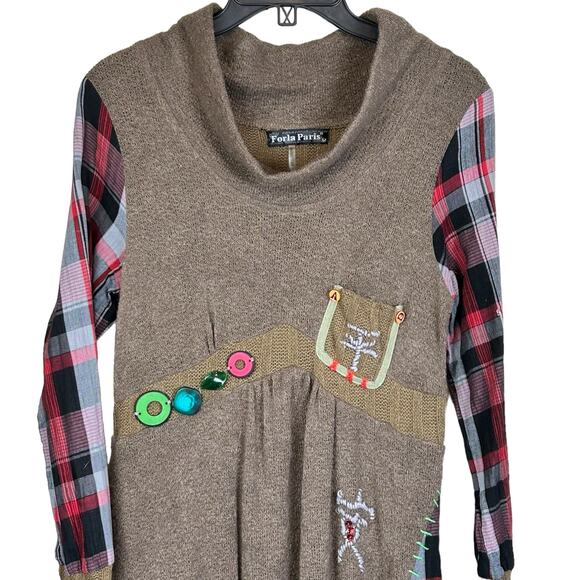 Forla Paris Dress Size Medium Patchwork Embroidered Bubble Hem Cotton Boho Knit - Picture 6 of 13